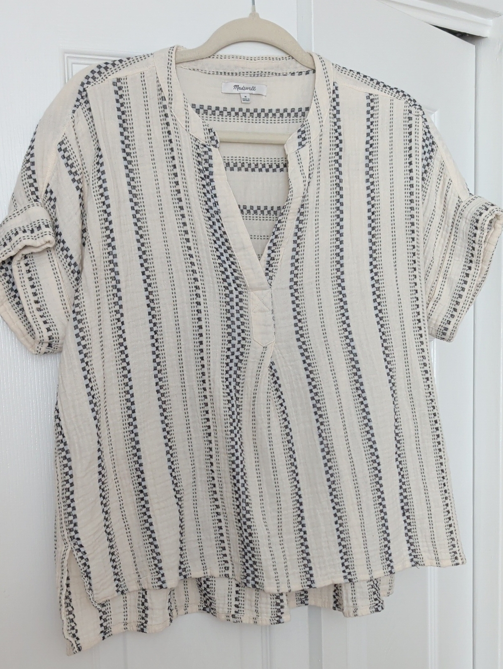 Madewell Cream & Black Striped V-Slit Tunic Top
